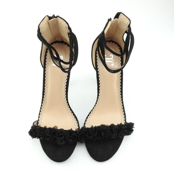 Black Strappy 4" Heels Faux Suede Flower Accents 3 Straps Heel - Picture 6 of 14